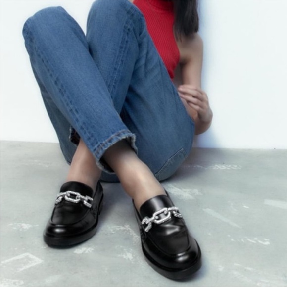 Zara Shoes - Zara Black Faux Leather Rhinestone Chain Link Loafers